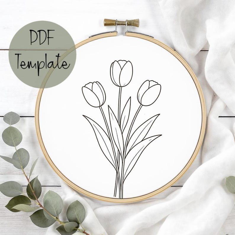 Tulip Embroidery Pattern Template PDF • Floral Line Art Template ...