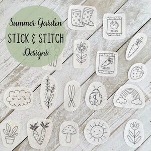 May include: A collection of stick and stitch designs with a summer garden theme. The designs include a variety of garden-related images such as boots, seeds, carrots, a strawberry, a flower, a cloud, scissors, a ladybug, a rainbow, a mushroom, a sun, and a flower. The text says "Summer Garden Stick & Stitch Designs."