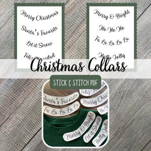 May include: A Stick & Stitch PDF set featuring Christmas-themed phrases including Merry Christmas, Santa's Favorite, Let it Snow, Feliz Navidad, Merry & Bright, Ho Ho Ho, Fa La La La La, and Holly Jolly, shown as embroidery patterns on a green shirt.