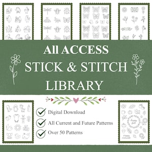 May include: A digital collection titled ALL ACCESS STICK & STITCH LIBRARY featuring over 50 embroidery patterns. The image displays six rectangular sheets containing black line art illustrations of chickens, insects, butterflies, flowers, and seasonal icons.