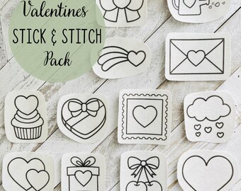 May include: A collection of white fabric patches with black line drawings of Valentine's Day themed images. Designs include hearts, bows, a cupcake, a gift box, cherries, and the text "Valentines STICK & STITCH Pack".