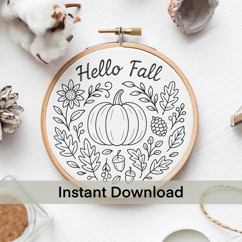 Hello Fall Hand Embroidery Pattern Template, PDF Instant Download, Hoop ...