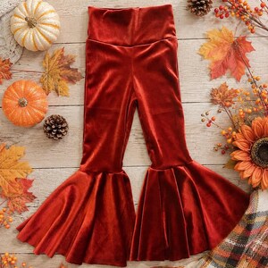 May include: High-waisted bell-bottom pants crafted from a deep rust-colored velvet fabric. The trousers feature a fitted waist and upper leg section that transitions into wide, flared, ruffled hems at the bottom of each leg, creating a distinct silhouette.