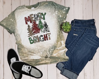 Merry & Bright Christmas Bleached T-Shirt / Holidays / Festive / Youth