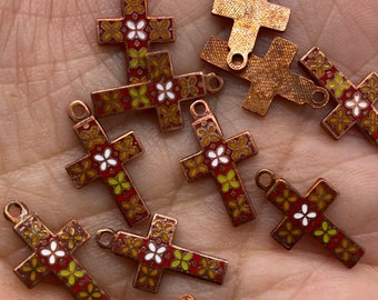 小さなヴィンテージの七宝焼き十字架。銅製。（青と黄色）4個入り