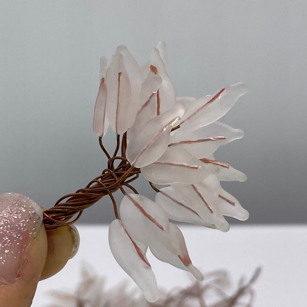Tiny vintage glass flower petal/component with fused copper wire. Frosted clear. 15-16mm Length (30 peices per price)