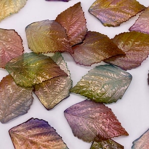 May include: A collection of iridescent leaves in shades of green, brown, and purple. The leaves are made of a translucent material and have a slightly textured surface.