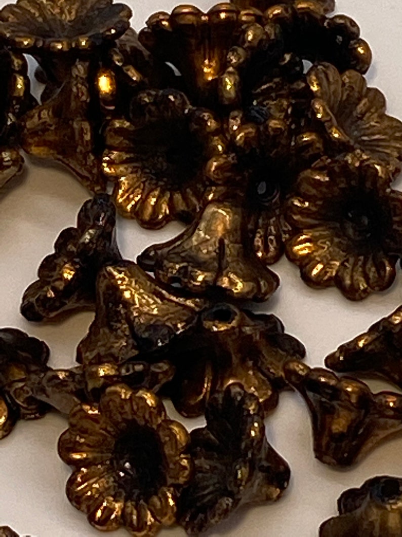 Faux oxidized gold daffodil flower beads. 30 pieces per price image 1