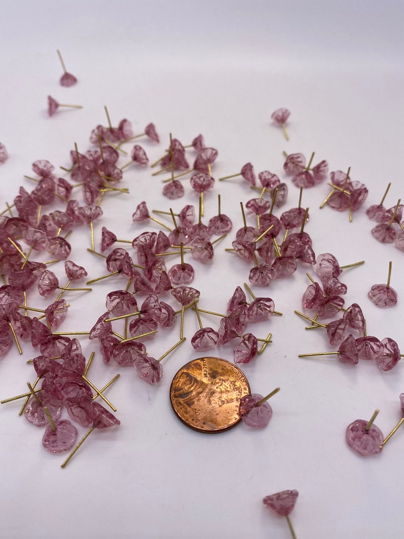 Hand made tiny glass flowers with brass wire. Transparent pink. 30 pieces per price image 2