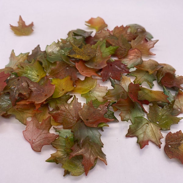 Hand painted maple leaves. Red, Yellow, and Green tones. 19mm, Acrylic. (30 pieces per price)