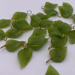 Può includere: Una collezione di ciondoli a forma di foglia in vetro verde con anelli a salto dorati. Le foglie hanno una superficie testurizzata e sono perfetti per la creazione di gioielli o artigianato.