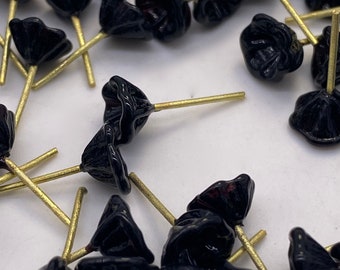 Hand made tiny glass flower drop beads with brass wire. Black. ( 30 pieces per price)