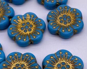 Large pressed glass flowers, 18mm. Gold and Turquiose . ( 20 peices per price)