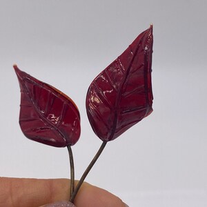 May include: Two burgundy leaves with a wire stem. The leaves have a textured, veined appearance.