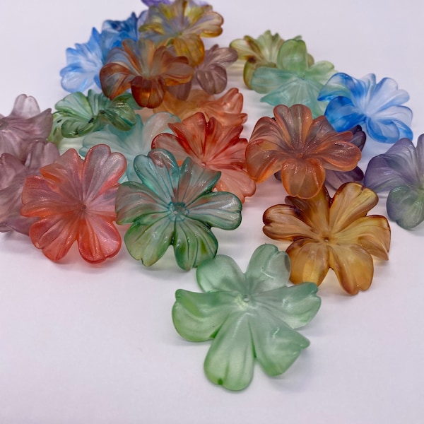 Large hand painted Flower bead with curled petals. Acrylic. 33mm Transparent mixed tones. (10 peices per price)