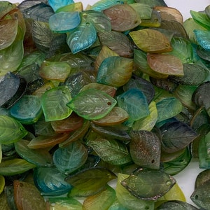 Mixed lot of hand painted small Dog wood leaf drops. Green Tones 15mm. Acrylic. (60 peices per price)