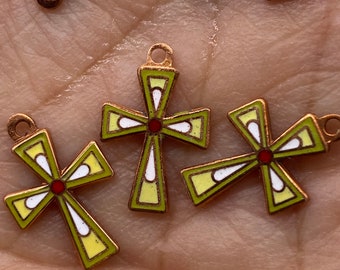 小さなヴィンテージの七宝焼き十字架。銅製。（青と黄色）4個入り