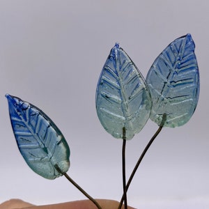 Large pressed glass leaf with fused wire/eye pin. 30mm. Blue and green Ombre. (10 pieces per price)
