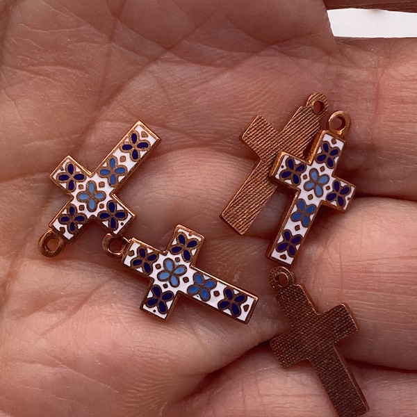 Tiny vintage cloisonne cross. (Latin) Blue & White ( 4 pieces per price)