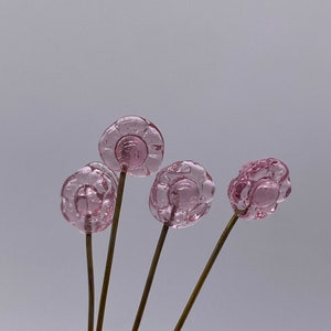 Tiny pressed glass flower with fused wire/eye pin. 8mm. Light Pink ( 20 peices per price)