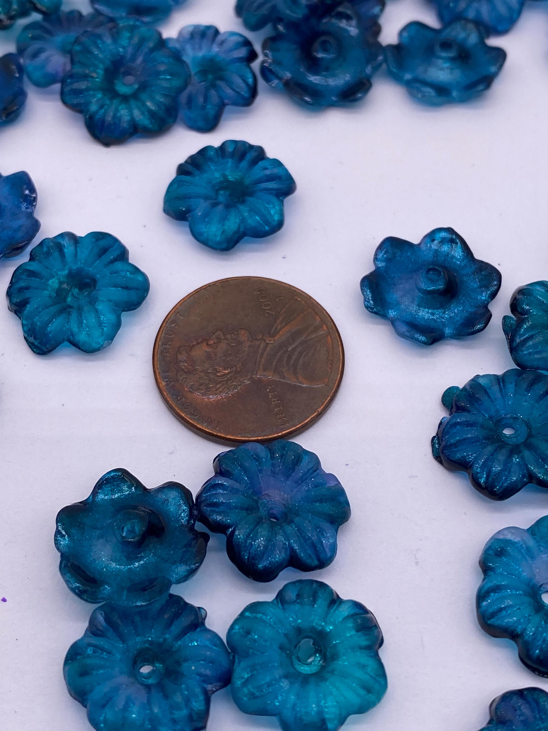 Prussian Blue Colored Wild Flower Floral Bead. Acrylic. 13mm ( 30