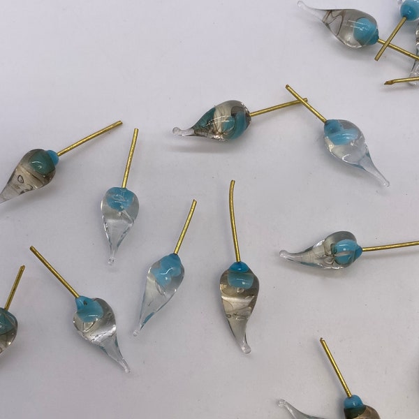 Hand made glass water droplet beads with fused brass wire. 12-14mm. Clear and Aqua. ( 30 pieces per price)