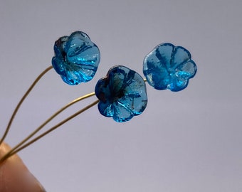 Hand made glass flowers with fused brass eye pin. 10mm. Aqua Blue. (20 pieces per price)