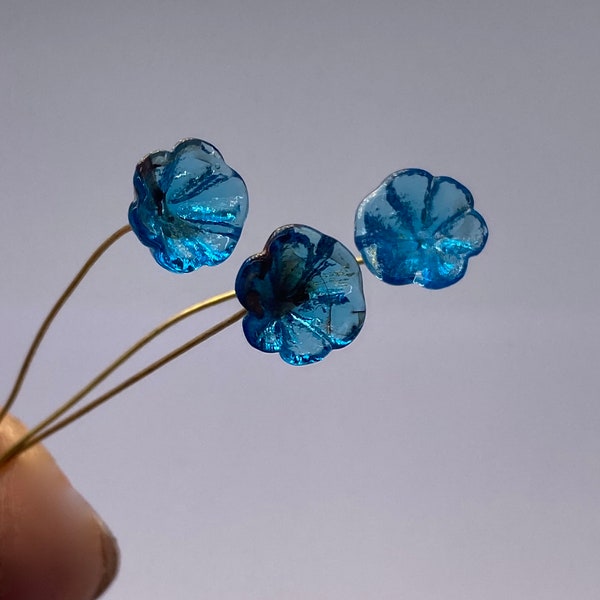 Hand made glass flowers with fused brass eye pin. 10mm. Aqua Blue. (20 pieces per price)