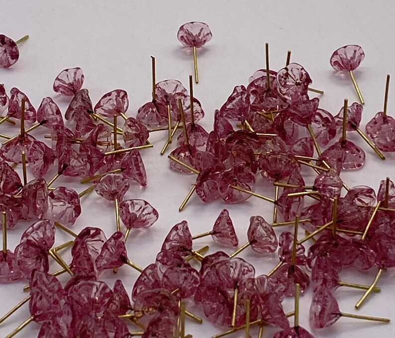Hand made tiny glass flowers with brass wire. Transparent pink. 30 pieces per price image 4