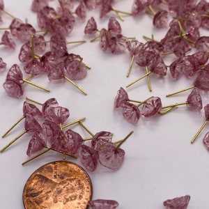 Hand made tiny glass flowers with brass wire. Transparent pink. 30 pieces per price image 5