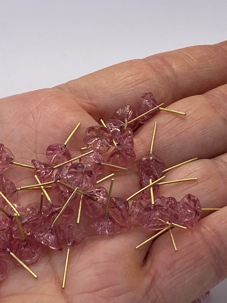 Hand made tiny glass flowers with brass wire. Transparent pink. 30 pieces per price image 3