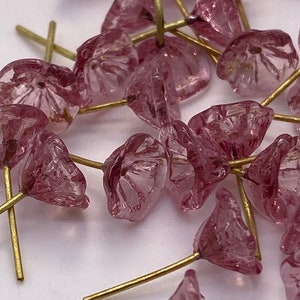 Hand made tiny glass flowers with brass wire. Transparent pink. 30 pieces per price image 1