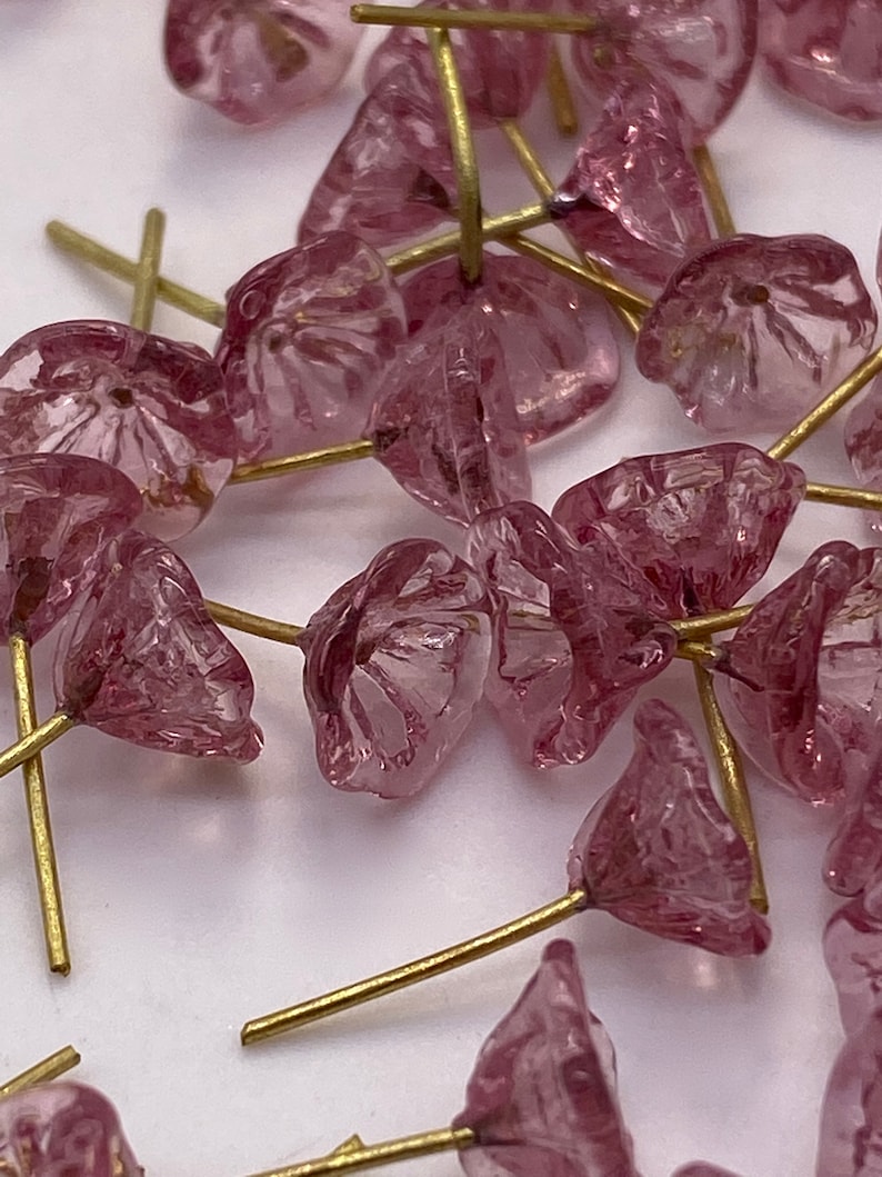 Hand made tiny glass flowers with brass wire. Transparent pink. 30 pieces per price image 1