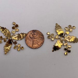 May include: Two gold-colored metal decorative pieces shaped like a stylized fern with a hole in the center. The pieces are about the size of a US penny.
