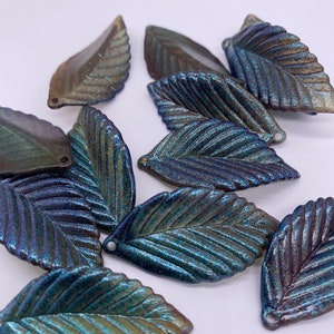 Large hand painted leaf bead.  Iridescent Turquoise. Acrylic 39mm (12 peices per price)