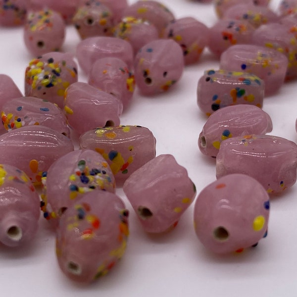 Milky pink glass diamond shaped bead with multi-colored speckles. (30 pieces per price)