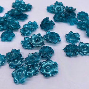 Luminescent  pearly Turquoise Wild Flower floral bead. Acrylic. 13mm ( 30 pieces per price)