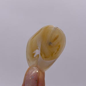 Pode incluir: Um grampo de cabelo oval de resina marrom claro e branco com um padrão de redemoinho.