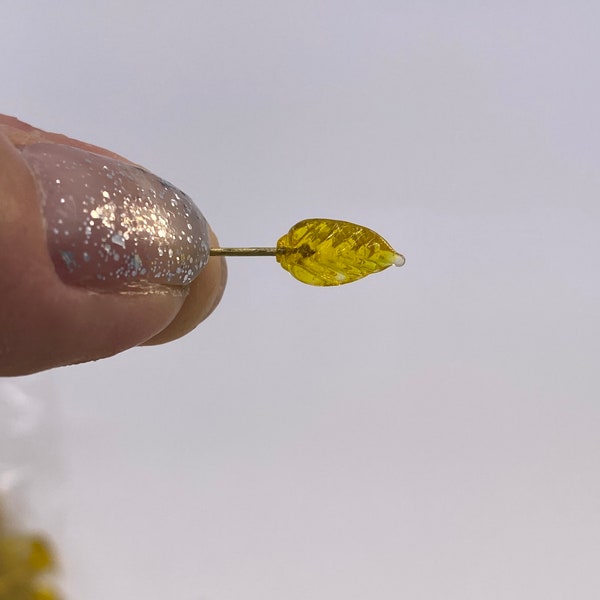 Pressed glass leaves with fused brass eye pin. 12mm ( Yellow ) (30 pieces per price)