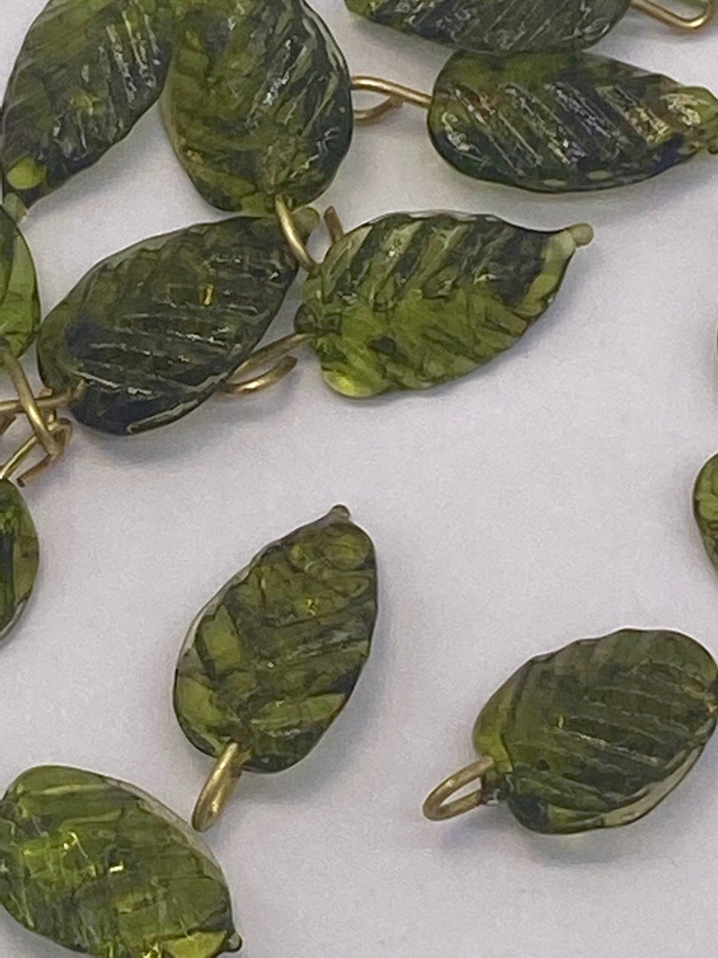 14mm glass leaf with fused brass eye pin. Forest Green  25 image 5