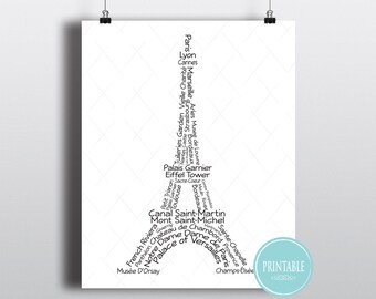 Eiffel Tower Typography Art Printable File - Instant Download - French themed art - teen tween wall art in 8 x 10 and 12 x 16