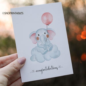 Tarjeta imprimible de felicitaciones para niña: lindo elefante con globo rosa, 5 x 7, con plantilla de sobre adicional