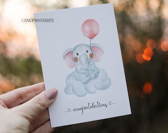 Tarjeta de felicitación para una niña elefante: globo rosa (imprimible)