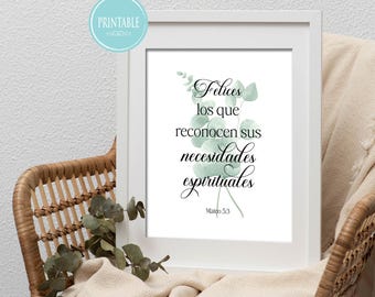 2026 JW Year Text Spanish - Felices los que reconocen sus necesidades espirituales Wall Art Printable with Eucalyptus - Matthew 5:3