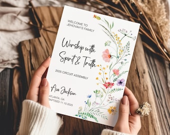 Tarjeta de felicitación de bautismo personalizada imprimible "Adorad con espíritu y verdad" para Testigos de Jehová con flores de primavera y plantilla de sobre
