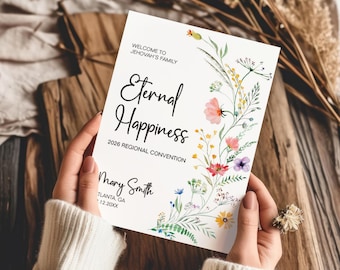 Personalized Printable "Eternal Happiness" JW Convention Baptism Greeting Card with Spring Flowers & envelope template