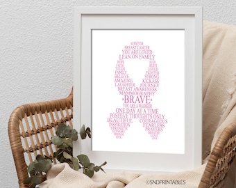 Nube de palabras tipográfica con lazo rosa para el cáncer de mama (archivo imprimible) - Archivo digital - Concientización sobre el cáncer