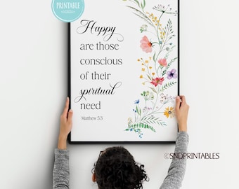 Texto del Año TJ 2026 - Felices los que son conscientes de su necesidad espiritual Arte mural imprimible con flores de primavera - Mateo 5:3
