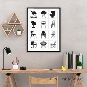 Chair Poster - Retro Chairs - 12 Chairs Poster Printable in 8 x 10 and 12 x 16 - Mid century Retro Chairs - Furniture Art - Iconic Chairs