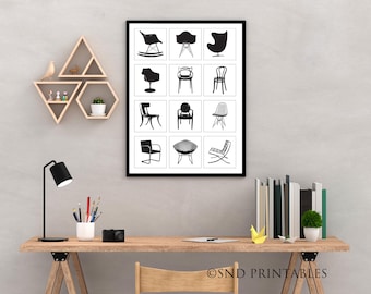 Póster de sillas - Sillas retro - Póster de 12 sillas imprimible en 8 x 10 y 12 x 16 - Sillas retro de mediados de siglo - Arte de muebles - Sillas icónicas